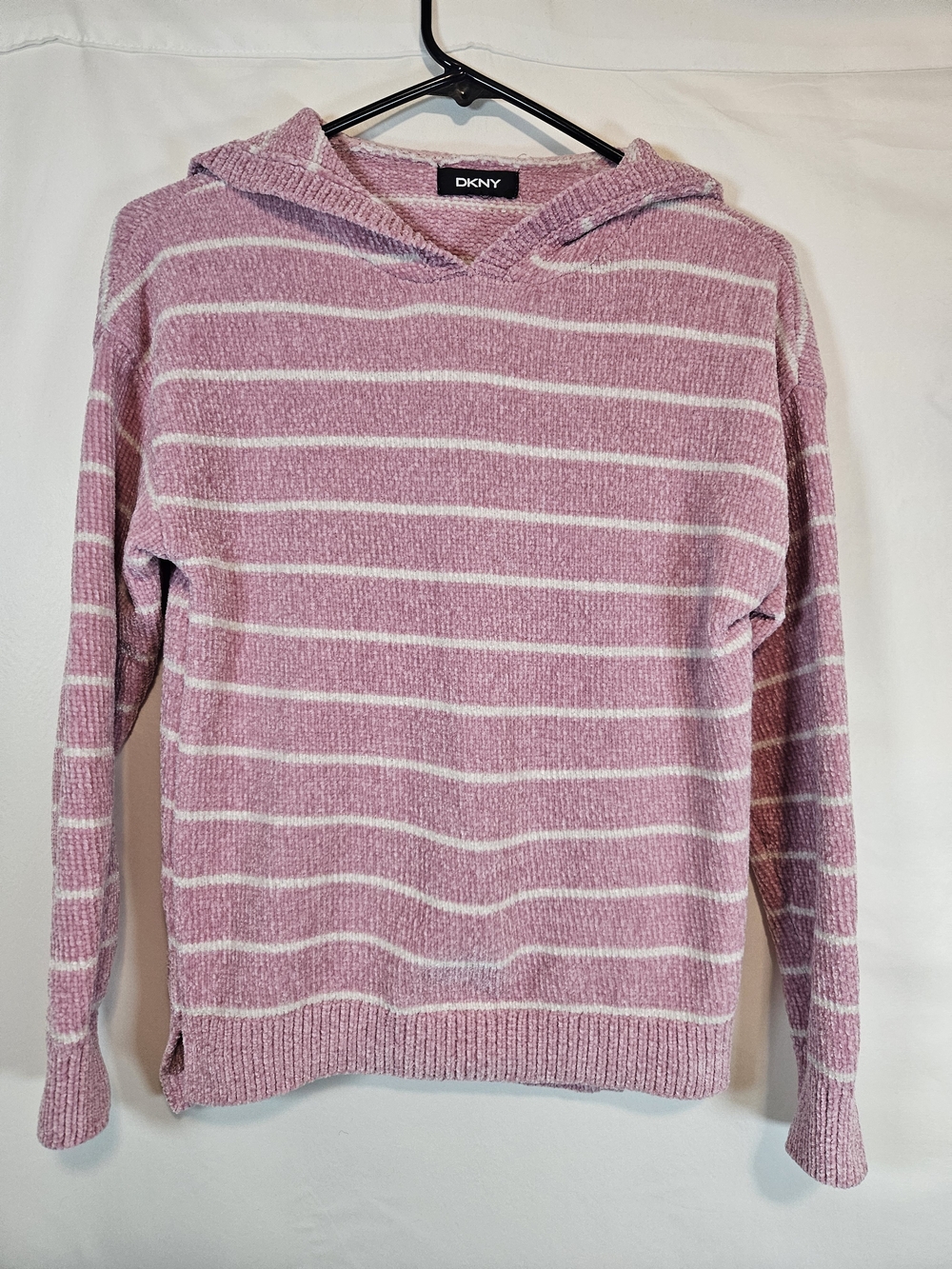 DKNY Pink and White Striped Hooded Knit Pullover